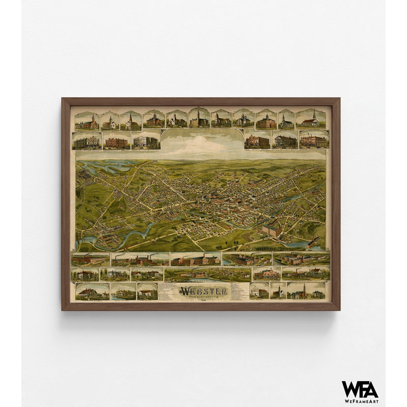 Webster-Massachusetts, 1892, affiche de Webster antique, décoration de maison rustique du Massachusetts, affiche de Webster MA, ancienne impression de carte Webster