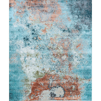 Tapis bleu turquoise et bronze noué à la main 8 pi x 10 pi