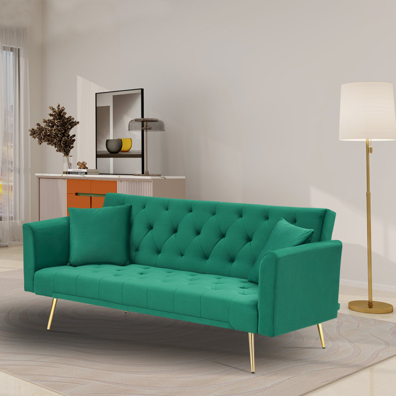  71" Velvet Convertible Loveseat Sofa with Adjustable Backrest & 2 Pillows, Green