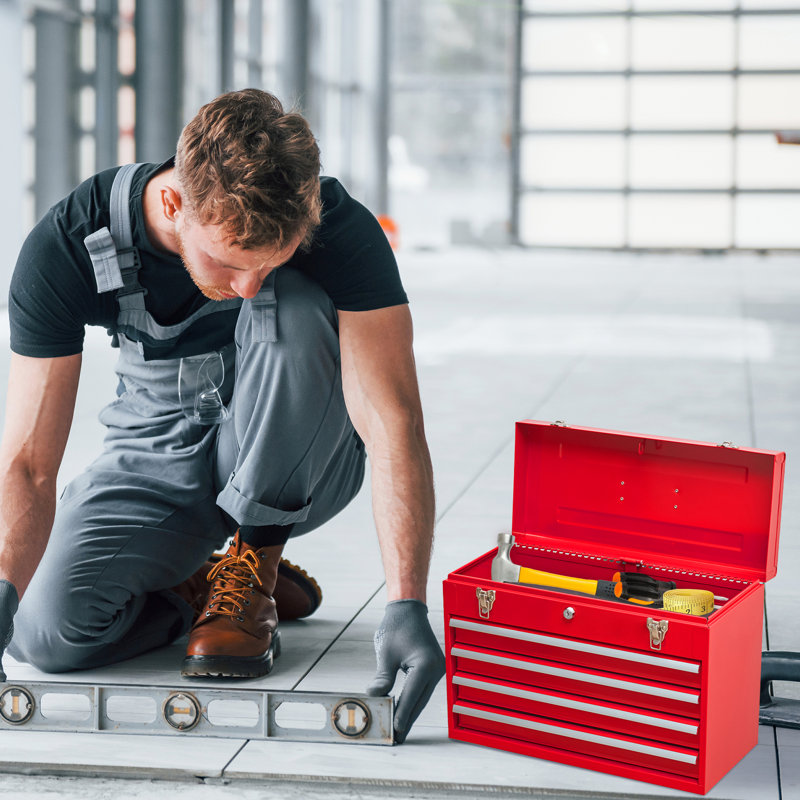 Coffre à outils en métal 4 - acier, thermolaqué rouge, verrouillable pour le garage et l'établi