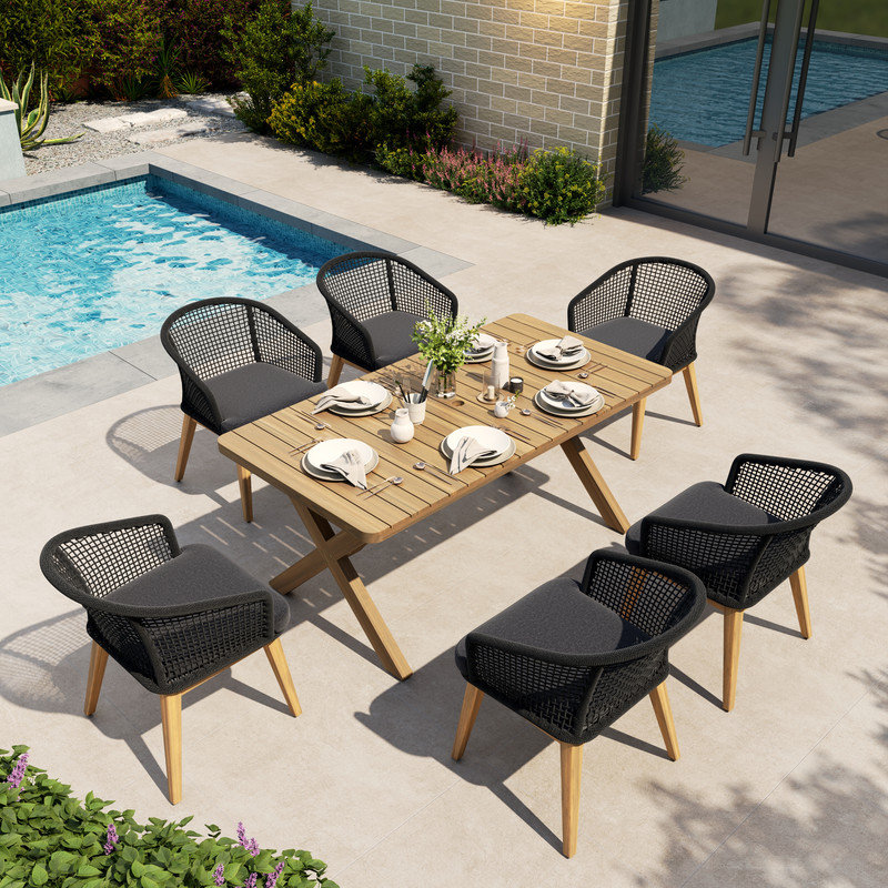 Ensemble de salle à manger d'extérieur 7 pièces avec 6 fauteuils en corde tissée PE