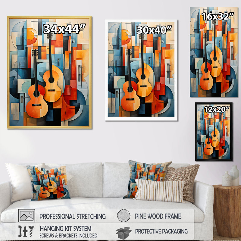 «Cubist Interplay Music Collage», reproduction d'art sur toile, Cadre flottant noir, H 40 po x l 30 po x P 1,5 po