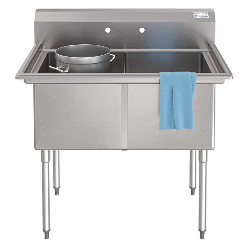 Évier commercial 42 pouces à 2 compartiments de calibre 18 avec dosseret, dimensions de la cuve: 18 po x 24 po x 14 po en acier inoxydable (km-SB182414-N3)