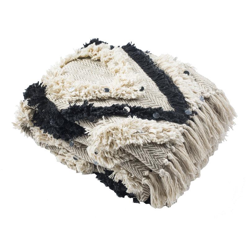Hand Woven Throw Blanket, Black/Beige