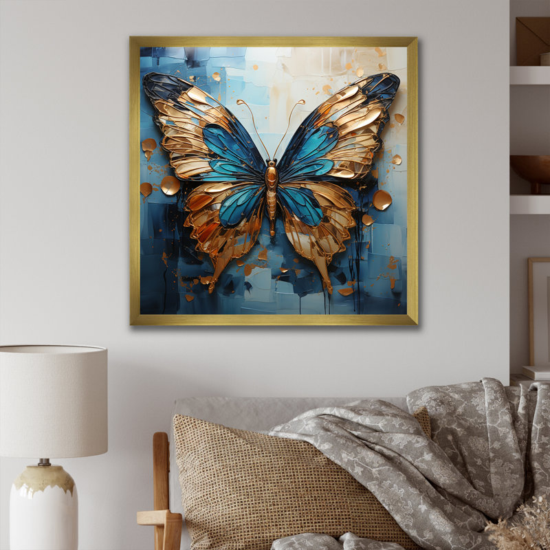 Or et bleu, papillon métallique I - art mural papillon, H 30 po x l 30 po x P 1,5 po, Cadre doré simple
