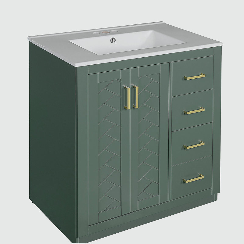 Ensemble de meuble-lavabo 30 po avec lavabo en céramique, armoire de rangement en bois massif, ensemble de meuble-lavabo autoportant avec 3 tiroirs et portes à fermeture douce