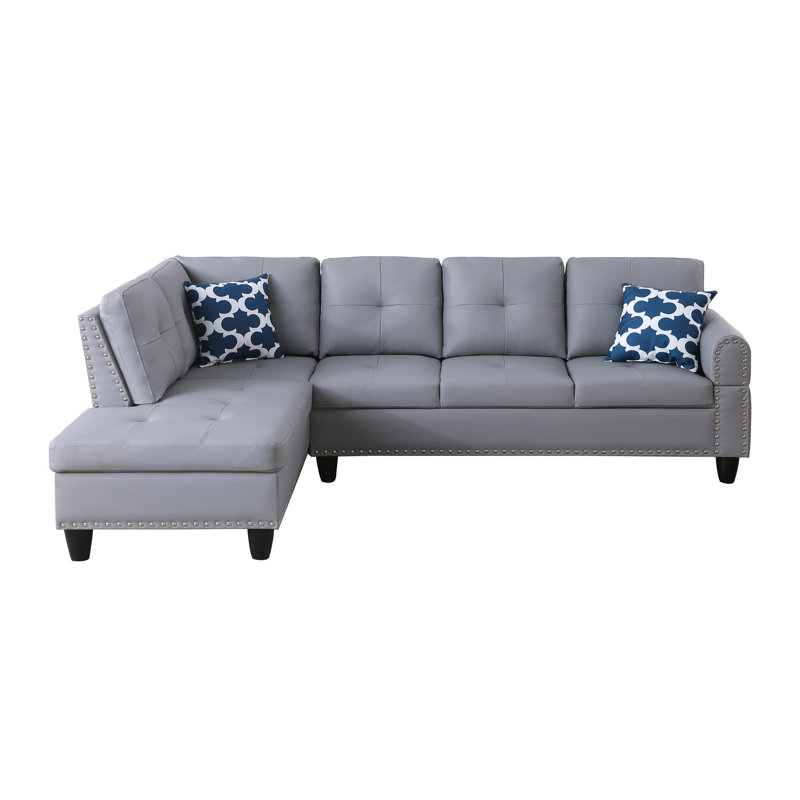 Ensemble de quatre sièges modulaires en L gris en similicuir gris, 3 pièces avec siège central rétractable pour des séances de jeu / cinéma confortables, comprend deux coussins décoratifs et un rangement, cadre en bois massif rembourré de mousse