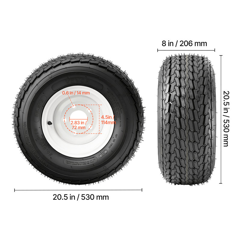 Trailer Tire Rim Assembly 20.5x8-10 with 5 Lug on 4.5 in PCD, 6 Ply Load Range C Trailer Tire on 10" White Rims, 2.8 in Center Bore, Max Load 1100LBS 50PSI for Utility/Boat/Camper Trailers