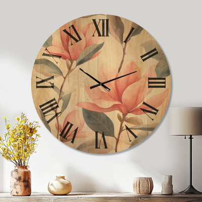Fleur de magnolia rose - Horloge murale surdimensionnée à motif floral, imprimée sur bois