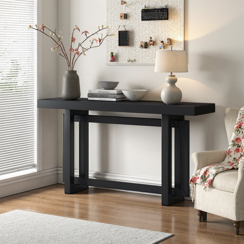 Console rectangulaire noire 59,1 "- Pieds en pin massif et plateau en placage de pin, Noir