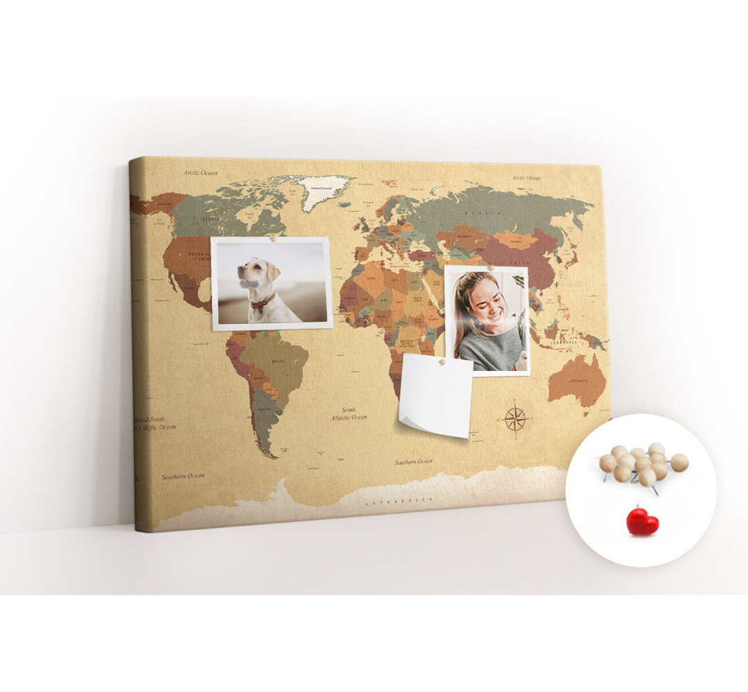 Wall Mounted bulletin board print decorative wall pin board for wall decorative corkboard Vintage world map