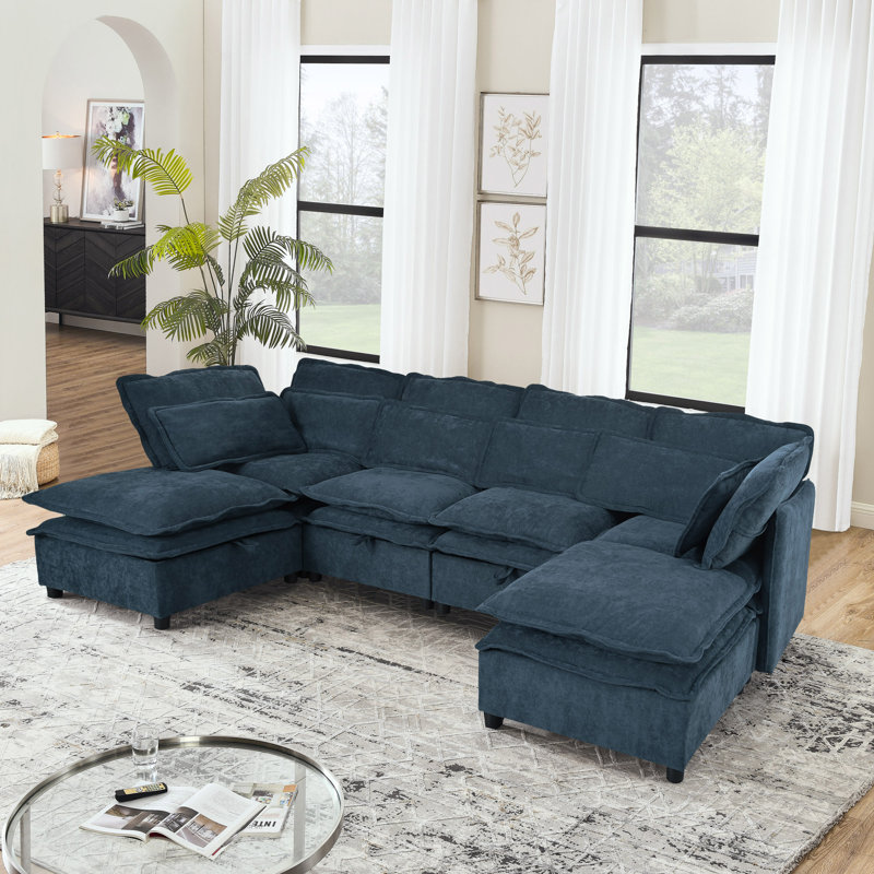 Canapé-lit modulaire convertible Elysara, H 32 po x l 124,4 po x P 63 po, Mélange de polyester bleu foncé