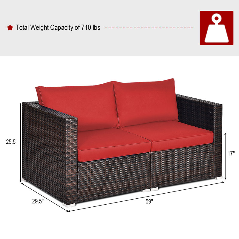 Causeuse en osier de 59 po de largeur avec coussins, Rouge