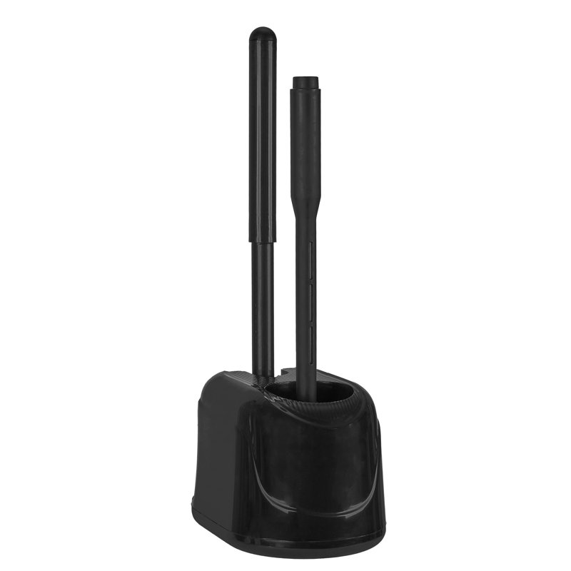 Ensemble de brosse de toilette 3-en-1 Bath Bliss avec distributeur de liquide rechargeable et piston noir | Panier de nettoyage complet pour salle de bain | Support peu encombrant