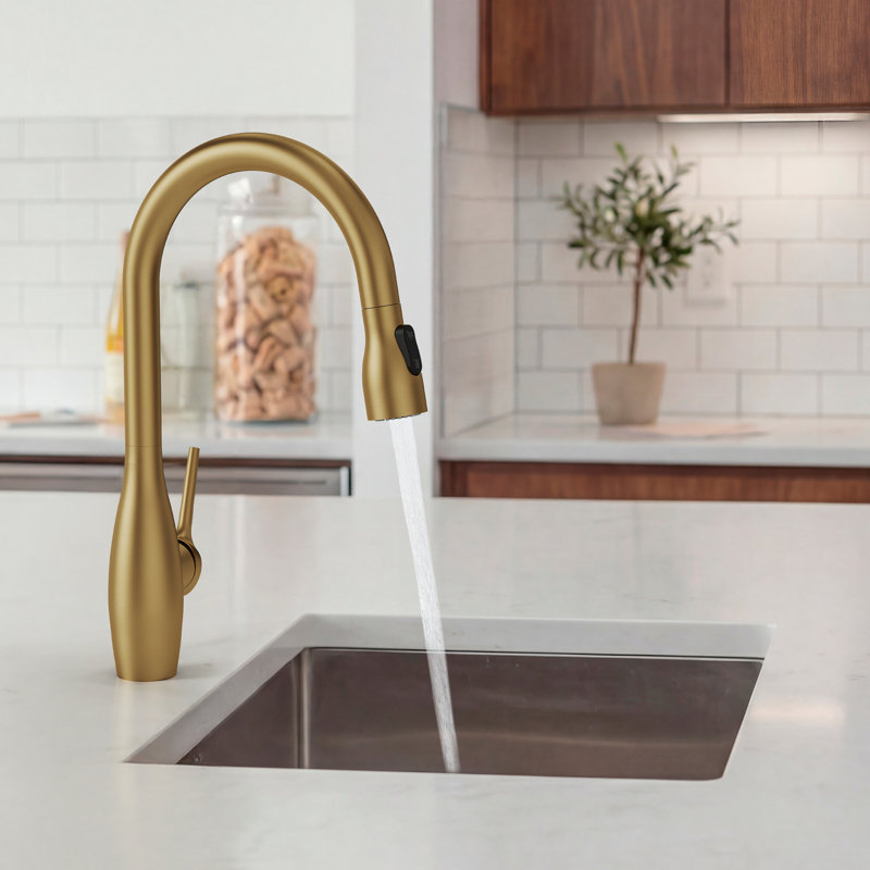 Dual Function Single Handle Pull Down Kitchen Faucet, Brushed Gold