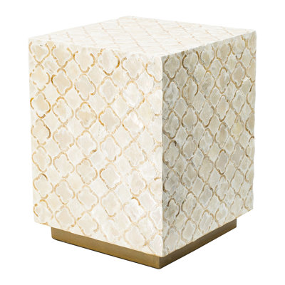 Aminat Square Stool 14X14x18 Inches, Cream, Brass Base, Pattern, Ideal For Indoor Decorating Home Decor