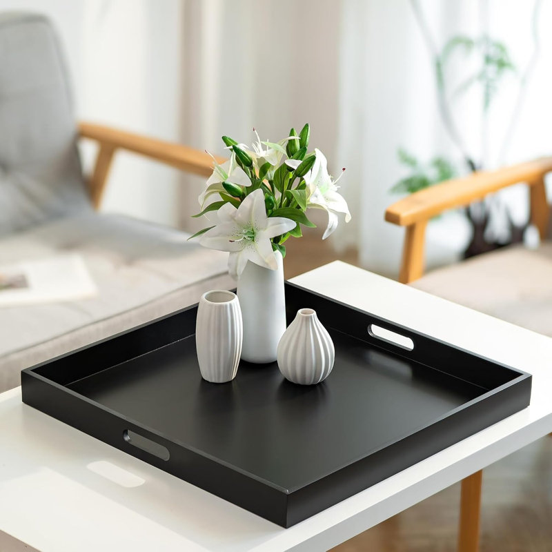 Très grand plateau de repose-pieds carré, plateau de service en bois noir de 20 po avec poignées découpées pour table basse et décoration intérieure