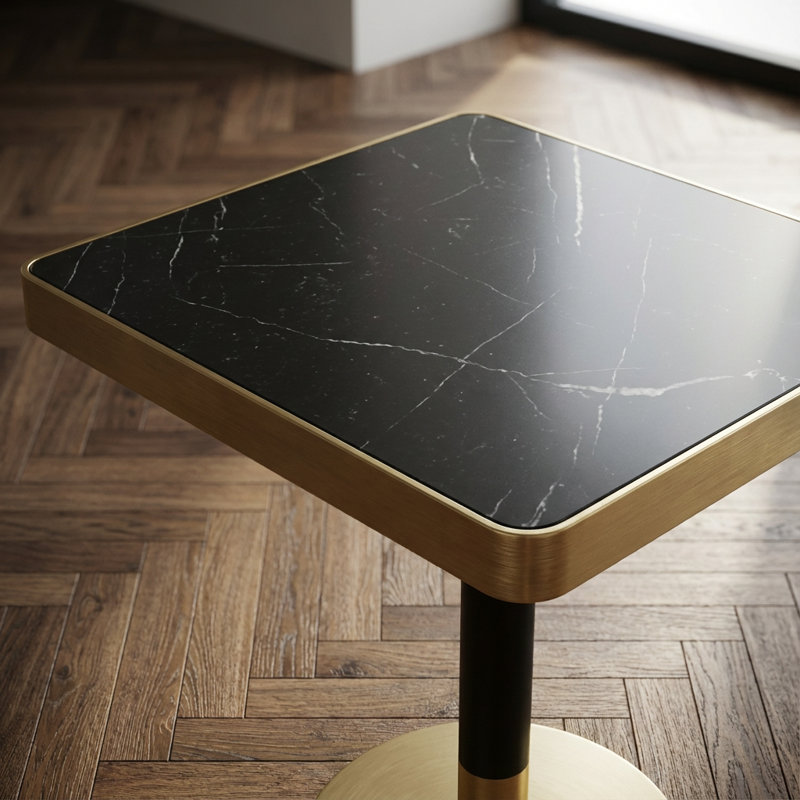 Table de salle à manger contemporaine carrée avec plateau en faux marbre et structure en métal robuste pour un bistro ou une cuisine moderne