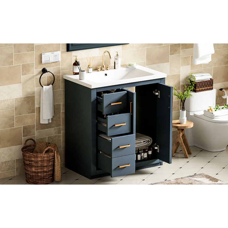 Meuble-lavabo 30 po en céramique - Bois massif bleu et 3 tiroirs pour les nécessités quotidiennes, Bleu