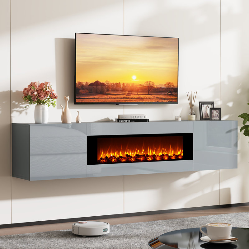 Floating TV Stand with 36" Electric Fireplace, Wall Mounted Fireplace Entertainment Center with Storage for TVs Up to 80", Media TV Console for Living Room
