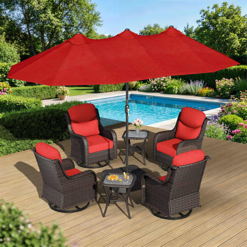 Adcox 4-Person Outdoor Rattan Swivel Chairs Set With Double-sided Patio Umbrella,Side Tables & Red Cushions, Red