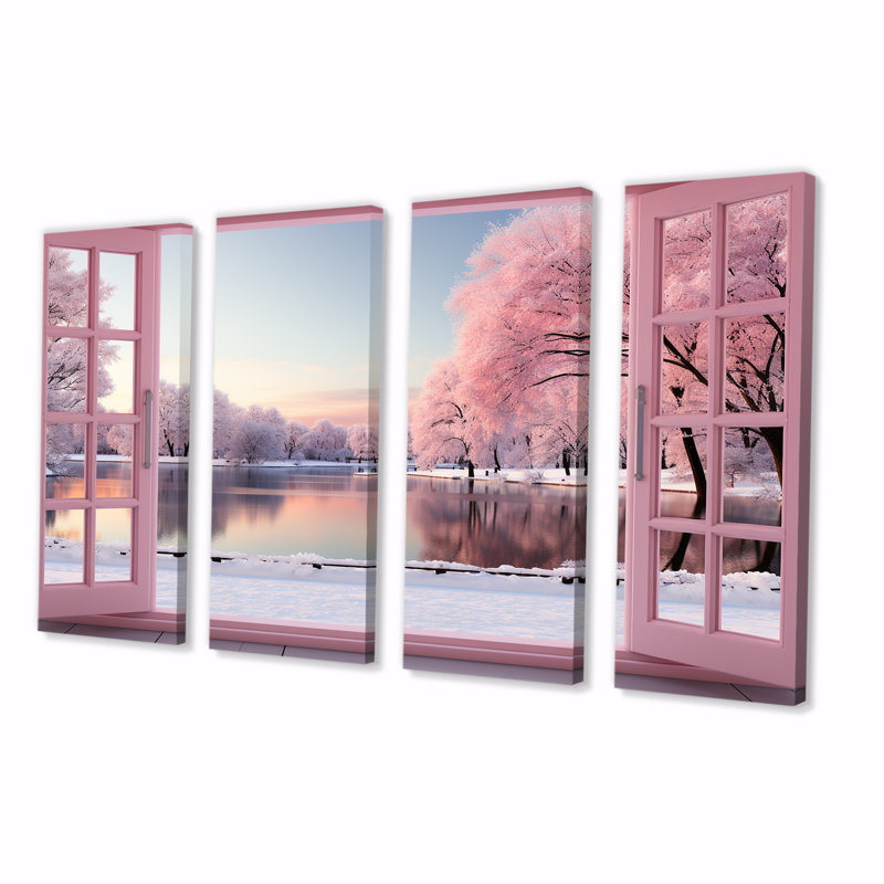 «Pink Winter Window By The Lake - Winter Landscape», art mural 4 pièces, H 28 po x l 48 po