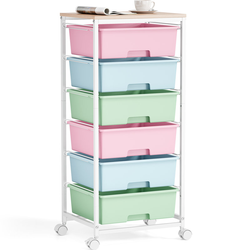 Rolling Storage Drawers with Wheels ,Utility Cart with 6 Large Drawers and Wooden Tabletop, Blue/Pink/White
