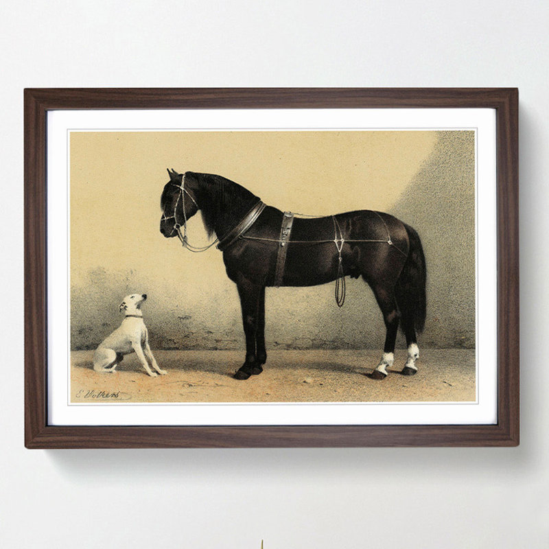 Horse and Hound by Emil Volkers - Picture Frame Painting Print on MDF, 48cm H x 65cm W x 2cm D, Walnut Framed