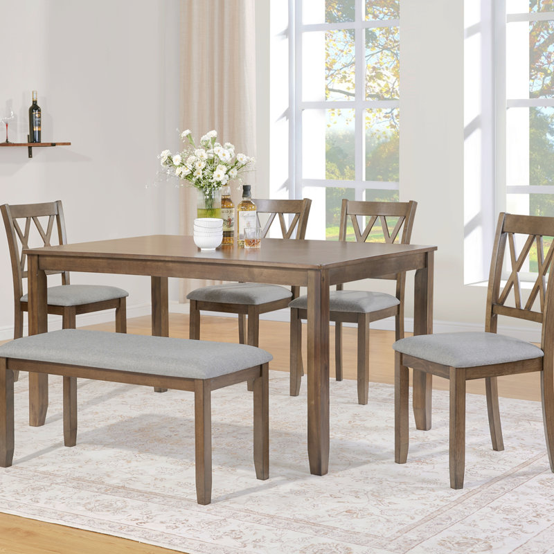 Ensemble de table de salle à manger 6 pièces rectangulaire en bois d'acacia, table de salle à manger élégante avec 4 chaises de coussin et 1 banc rembourré, ensemble de table moderne avec dossier en croix classique pour la salle à manger et la cuis