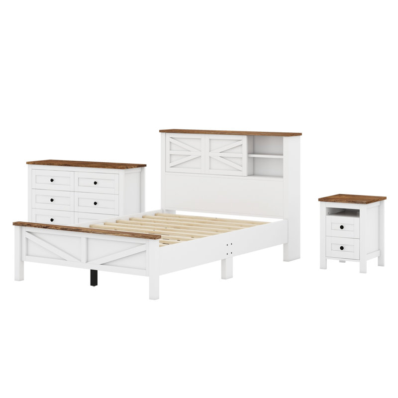 Ensemble de chambre à coucher 3 pièces avec lit plateforme Farmhouse, Double, Blanc / brun