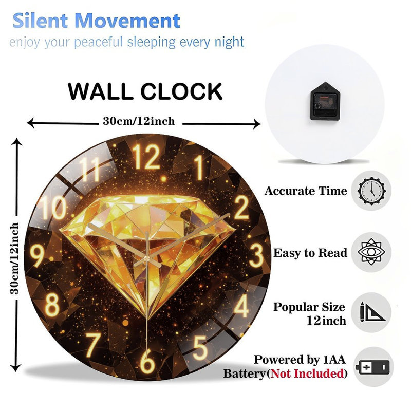Horloge avec chiffres dorés et horloge murale moderne en verre 12 po
