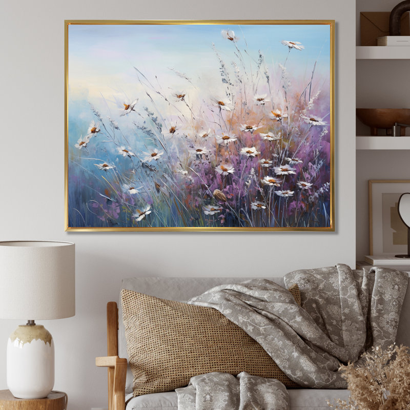 «Mauve Wildflowers Whispering Breeze I», reproduction sur toile, Cadre flottant doré, H 24 po x l 32 po x P 1 po