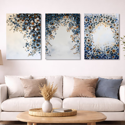 Botanical Celestial Bloom in Winter – Blue Geometric Metal Wall Art Print Set of 3