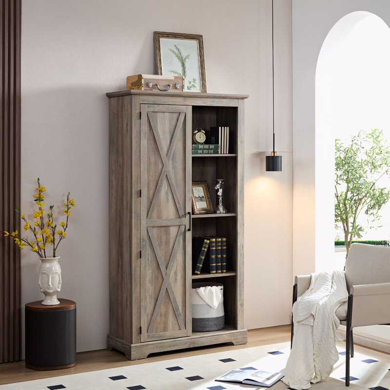 Tall Storage Cabinet Barn Door Storage Country Wood Rustic Farmhouse Pantry Cupboard Barn Door Kitchen Organizer Furniture Home Drawer Shelves