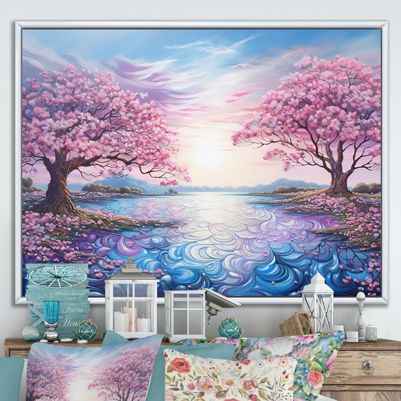 Magnifique paysage de rhododendron rose sur toile, Cadre flottant blanc, H 12 po x l 20 po x P 1 po