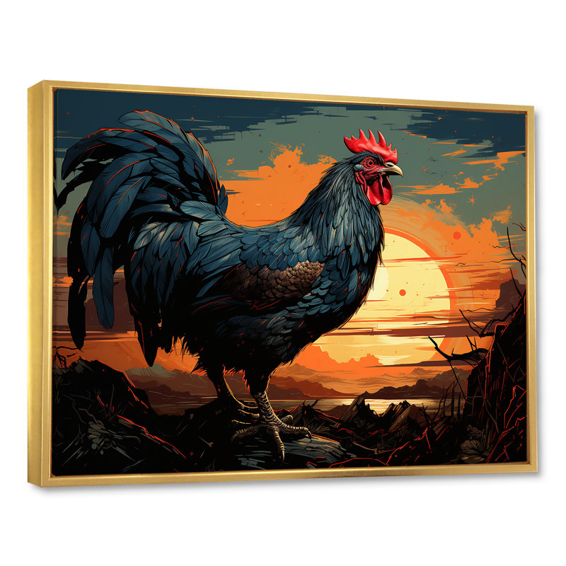 «Sunset Roosters Farmyard II», art mural coq, Cadre flottant doré, H 34 po x l 44 po x P 1,5 po