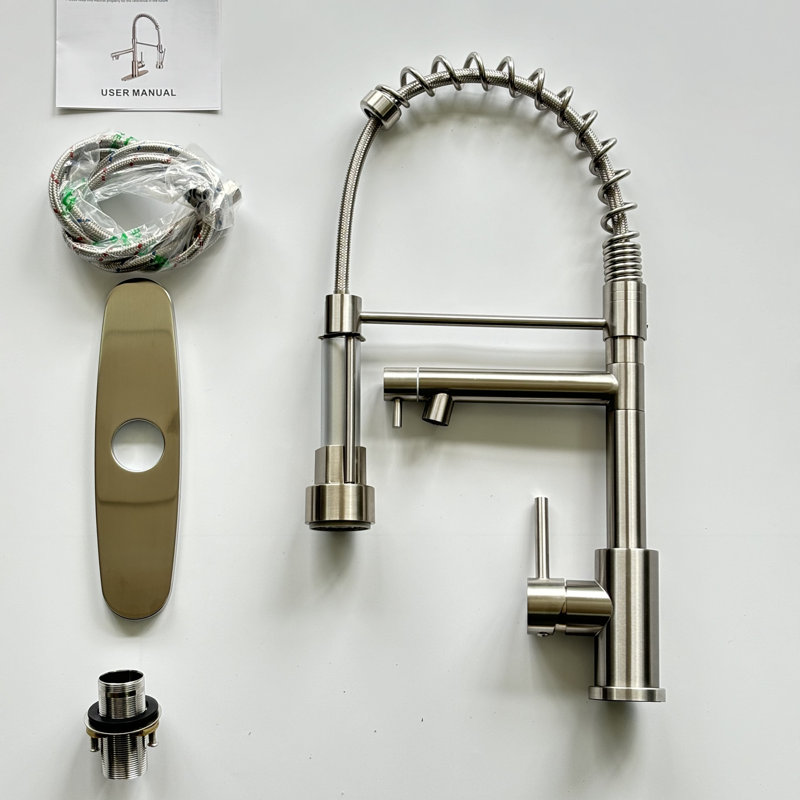 Robinet de cuisine avec douchette rétractable, poignée à ressort à 2 fonctions en acier inoxydable, installation à un trou pour le résidentiel, le commercial, le véhicule récréatif, le bar et plus, nickel brossé