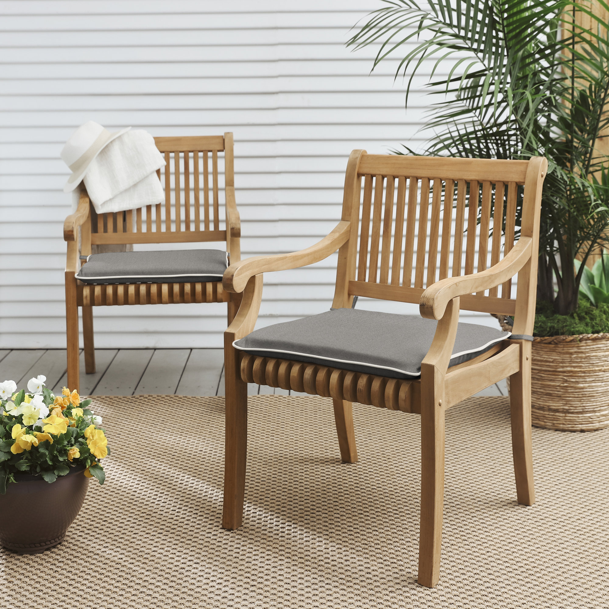 Sunbrella Outdoor Dining Chair Cushion, 2" H x 19" W x 19" D, Sunbrella - Canvas Charcoal/ Canvas Natural Cord