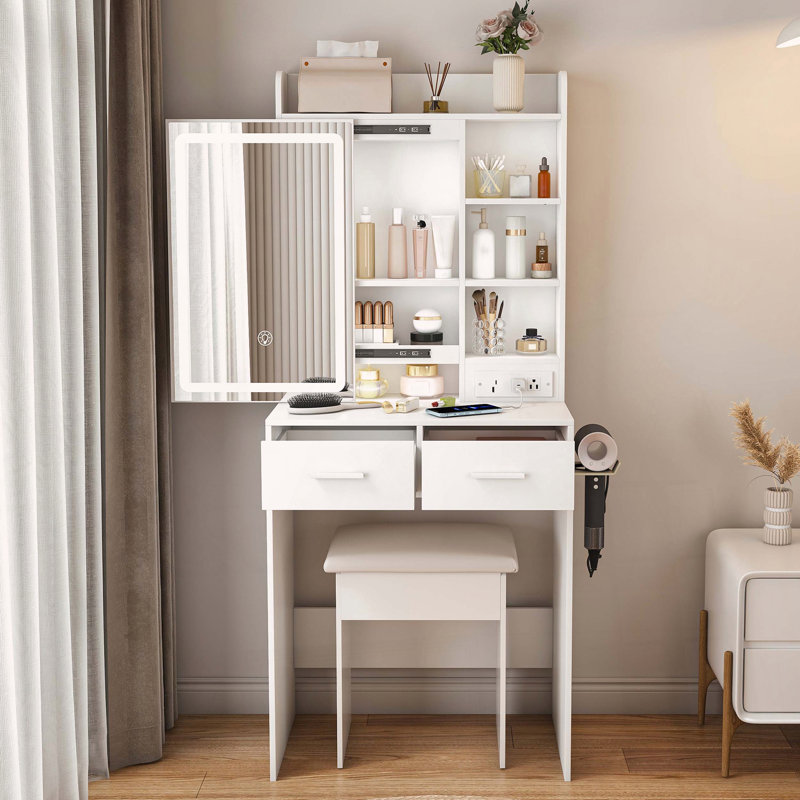 Petit bureau de coiffeuse avec miroir à DEL réglable et prise de courant