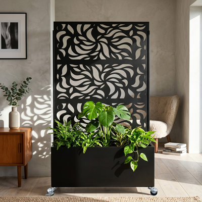 Olivia Metal Privacy Screen with Planter Box, Decorative Outdoor Divider for Patio and Balcony