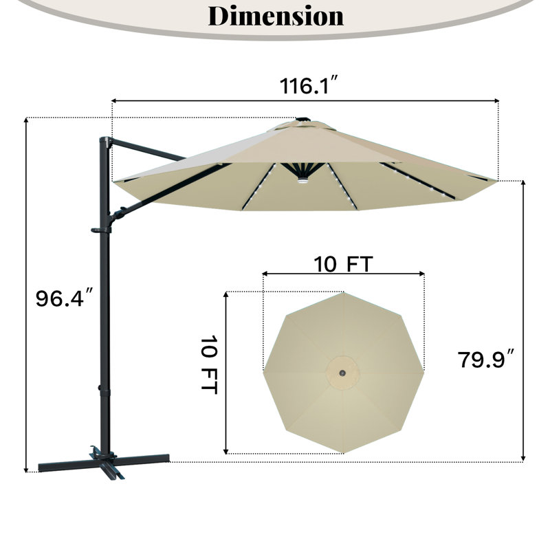 Parasol en porte-à-faux 116,1 po x 116,1 po, Beige, H 96,4 po x l 116,1 po x P 116,1 po