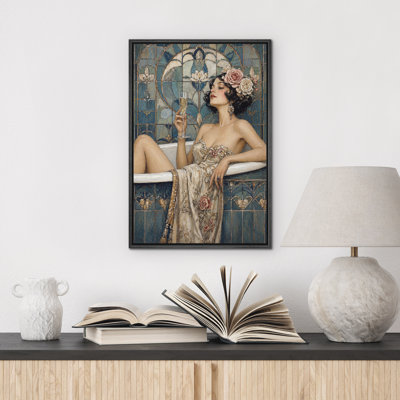 Elegant Art Nouveau Woman in Bathtub Floral Glass Window Framed Canvas Master Bedroom Wall Art Work Print