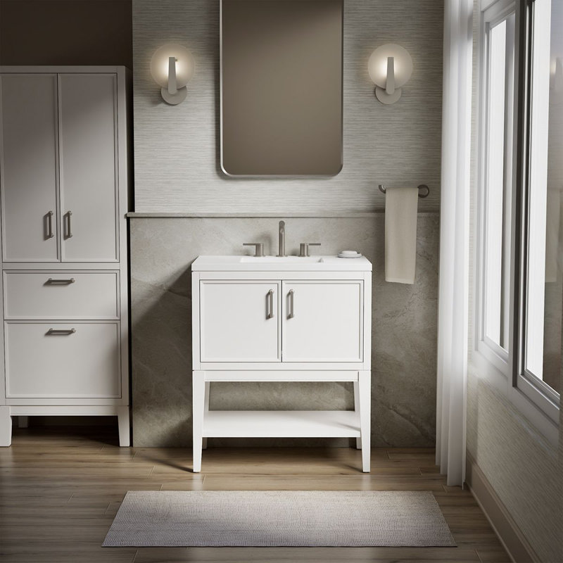 Winnow Freestanding Single Bathroom Vanity Cabinet with Sink and Quartz Top, White, 30"