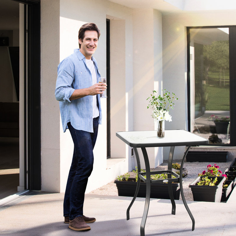 Outdoor 27" Square Tempered Glass Table - Stable Metal Base For Patio And Garden Black Appearance With Top Construction Use