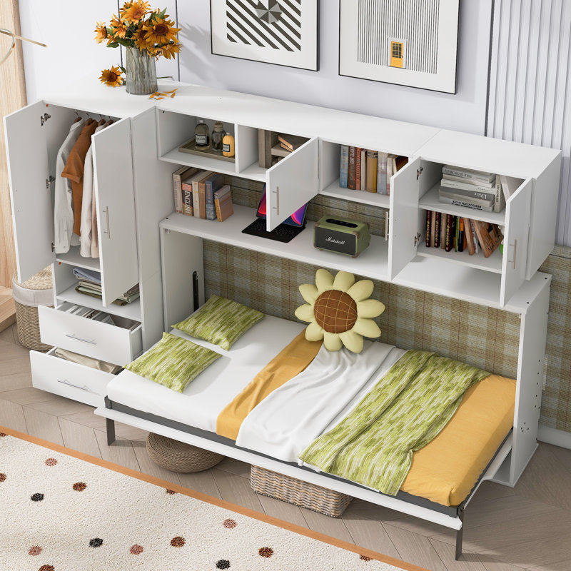 Lit escamotable simple avec bureau intégré, garde-robe, tablettes ouvertes et tiroirs de rangement, blanc
