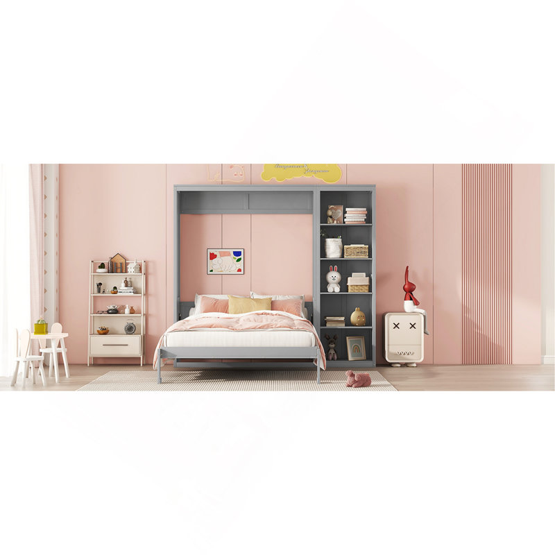 Lit escamotable polyvalent peu encombrant avec tablettes et design élégant, Gris, Lit double