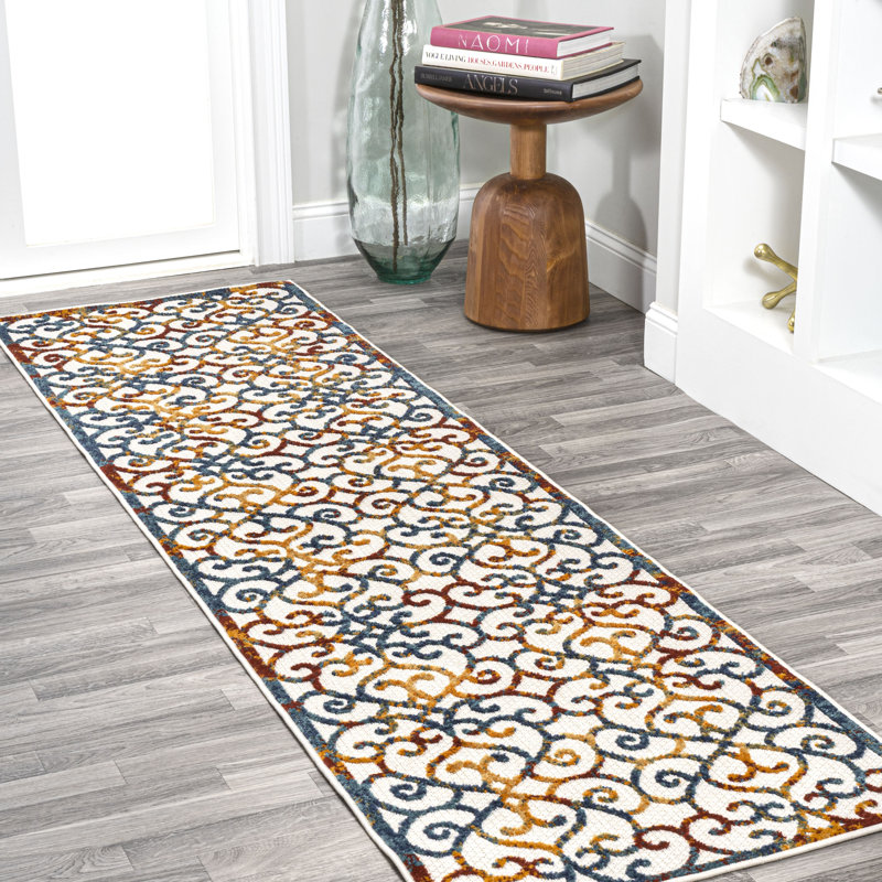 Rhianne Scroll Trellis Cream/Blue/Red Indoor/Outdoor Rug, Runner 2'3" x 8'