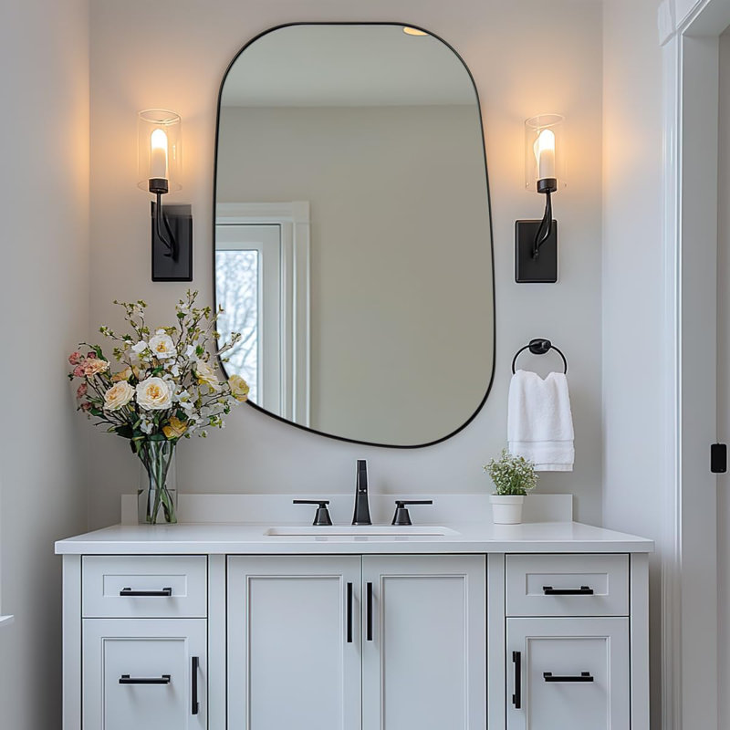 Miroir de salle de bain Huldrik Cadre en acier inoxydable, 36 po x 24 po, Noir mat