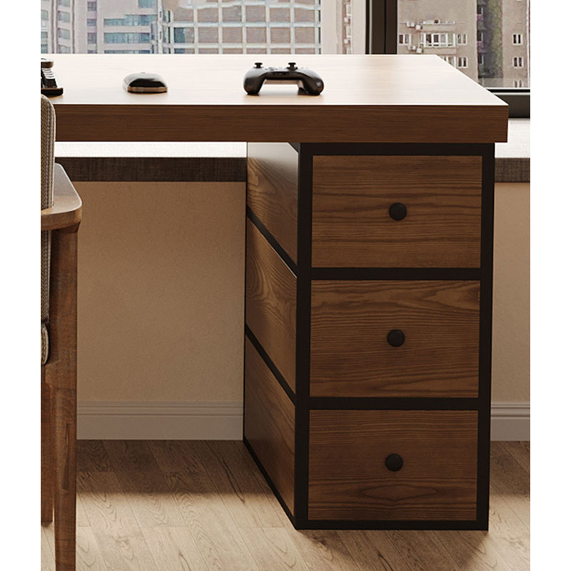 Bureau rectangulaire à 3 tiroirs en noyer clair + bois massif noir + fer, H 78,74 po x l 70,87 po x P 23,62 po