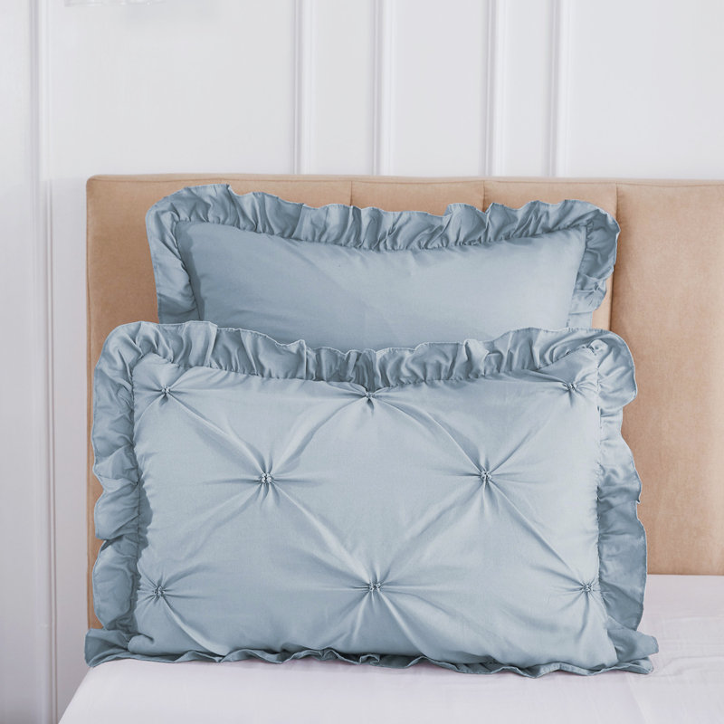 Ensemble d'édredon 5 pièces princesse romantique Pintuck, Édredon pour lit grand + quatre taies décorative, Bleu brouillard